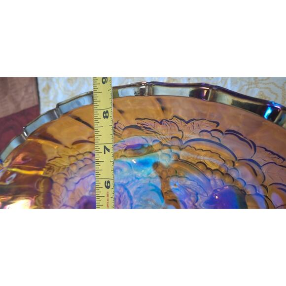 Carnival Glass 12" Oval 4- Footed Fruit Bowl- Amber- Fruit Motif- Indiana Glass - Picture 7 of 10